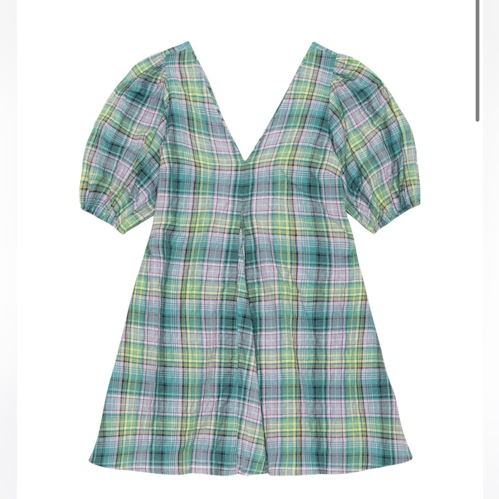 Ganni Seersucker Check V Neck Mini Dress